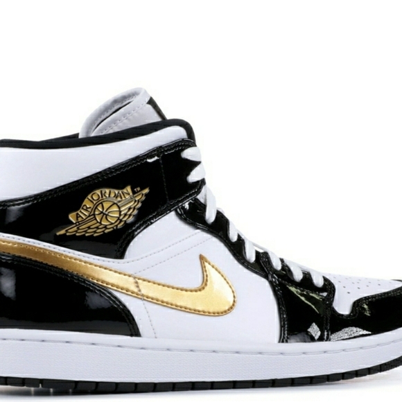 Jordan 1 Mid Paten Blk/Wht/Gold 2019 - Picture 2 of 4